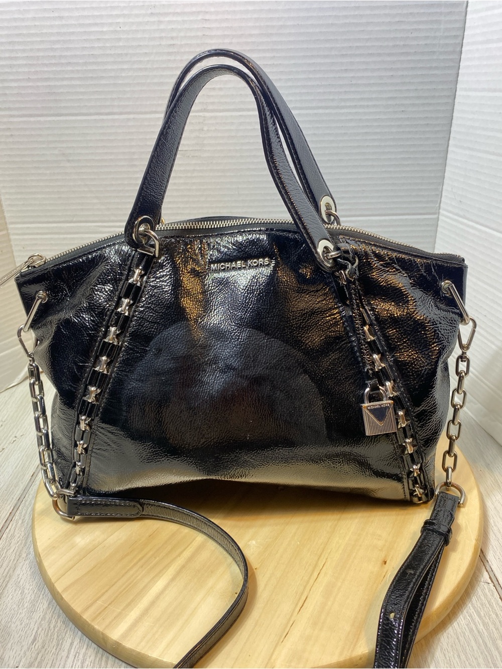 MICHAEL KORS Women's SADIE MK Black Patent Leather LG Satchel Bag